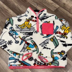 Disney White Fleece Pullover with Pink Trim and Multicolor Ski Print